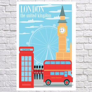 May include: A red double-decker bus with the words "LONDON TRANSPORT" on the side, a red telephone booth with the word "TELEPHONE" on it, and a group of guards in red uniforms standing in front of the bus. The bus is in front of Big Ben and the London Eye, a Ferris wheel. The sky is blue with white clouds. The text "LONDON the united kingdom" is at the top of the image.
