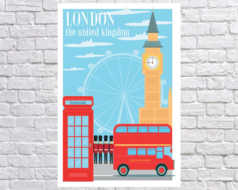 May include: A red double-decker bus with the words "LONDON TRANSPORT" on the side, a red telephone booth with the word "TELEPHONE" on it, and a group of guards in red uniforms standing in front of the bus. The bus is in front of Big Ben and the London Eye, a Ferris wheel. The sky is blue with white clouds. The text "LONDON the united kingdom" is at the top of the image.