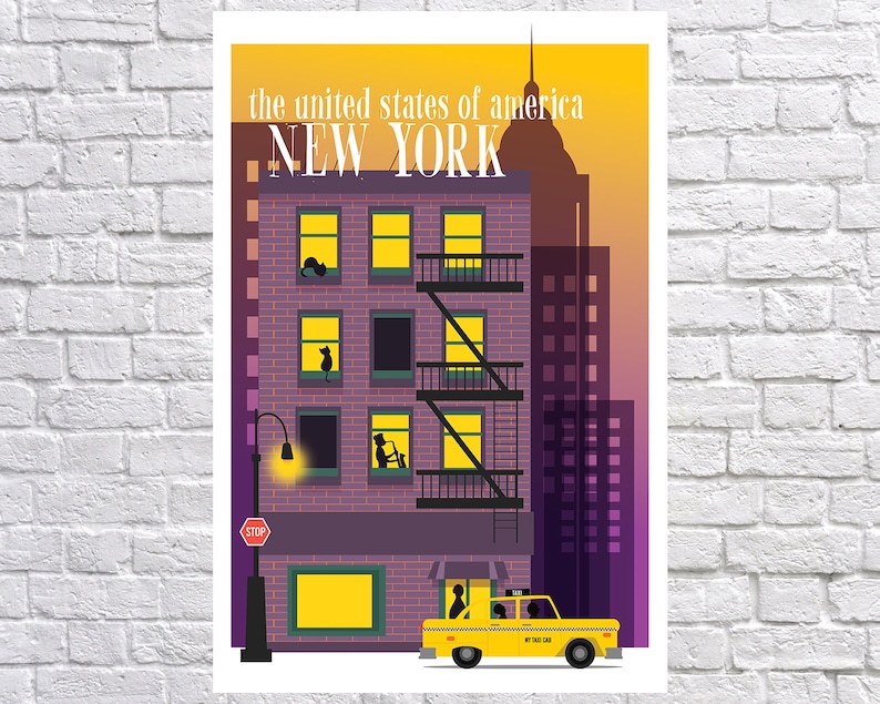May include: A yellow taxi cab with a black stripe and the words "NY TAXI CAB" on the side is parked in front of a purple building with a fire escape. The building has windows with yellow lights on. The text "the united states of america NEW YORK" is at the top of the image.