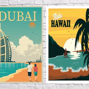 May include: Two vintage travel posters. The left poster features a tall building with the word "DUBAI" in large letters at the top. The right poster features a palm tree and a sunset over the ocean with the words "Aloha HAWAII" at the top.