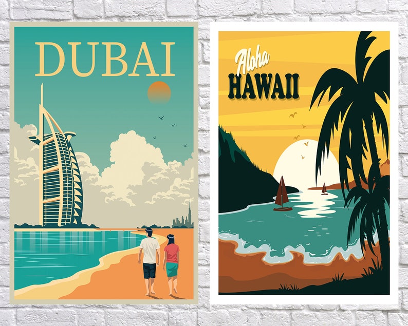 May include: Two vintage travel posters. The left poster features a tall building with the word "DUBAI" in large letters at the top. The right poster features a palm tree and a sunset over the ocean with the words "Aloha HAWAII" at the top.