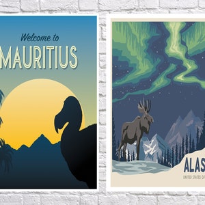 May include: Two vintage travel posters. The left poster features a silhouette of a dodo bird in front of a sunset over mountains and palm trees. The text reads "Welcome to Mauritius". The right poster features a moose standing in front of a mountain range with the aurora borealis in the sky. The text reads "Alaska, United States of America".