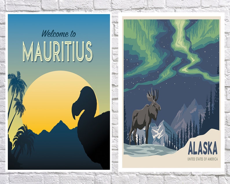 May include: Two vintage travel posters. The left poster features a silhouette of a dodo bird in front of a sunset over mountains and palm trees. The text reads "Welcome to Mauritius". The right poster features a moose standing in front of a mountain range with the aurora borealis in the sky. The text reads "Alaska, United States of America".