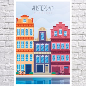 May include: A colorful illustration of three traditional canal houses in Amsterdam, Netherlands. The houses are painted in shades of orange, purple, and pink, with blue windows and white trim. Two bicycles are parked in front of the houses, and a canal with blue water is in the foreground.