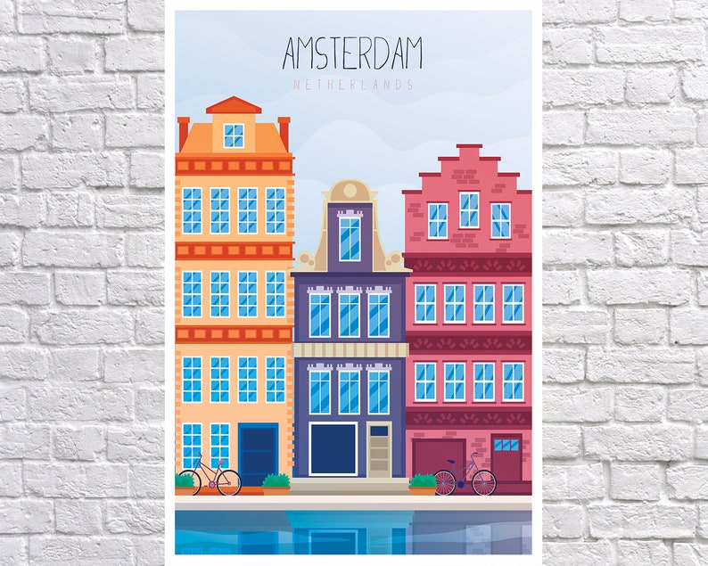 May include: A colorful illustration of three traditional canal houses in Amsterdam, Netherlands. The houses are painted in shades of orange, purple, and pink, with blue windows and white trim. Two bicycles are parked in front of the houses, and a canal with blue water is in the foreground.