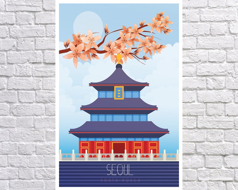 May include: A colorful illustration of a pagoda with a blue roof and red trim, surrounded by pink cherry blossoms. The text "SEOUL" and "SOUTH KOREA" is at the bottom of the image.