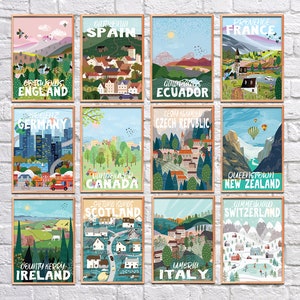 Fun Illustrated Travel Posters, poster set, art downloads, Digital prints, Printable art, Travel art prints, printable travel posters,