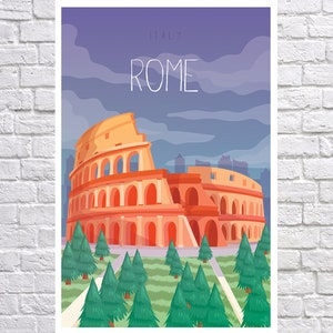 May include: A colorful illustration of the Colosseum in Rome, Italy. The image features a purple sky with white clouds, a brown and orange Colosseum, and green trees in the foreground. The text "ITALY" and "ROME" is written in white at the top of the image.