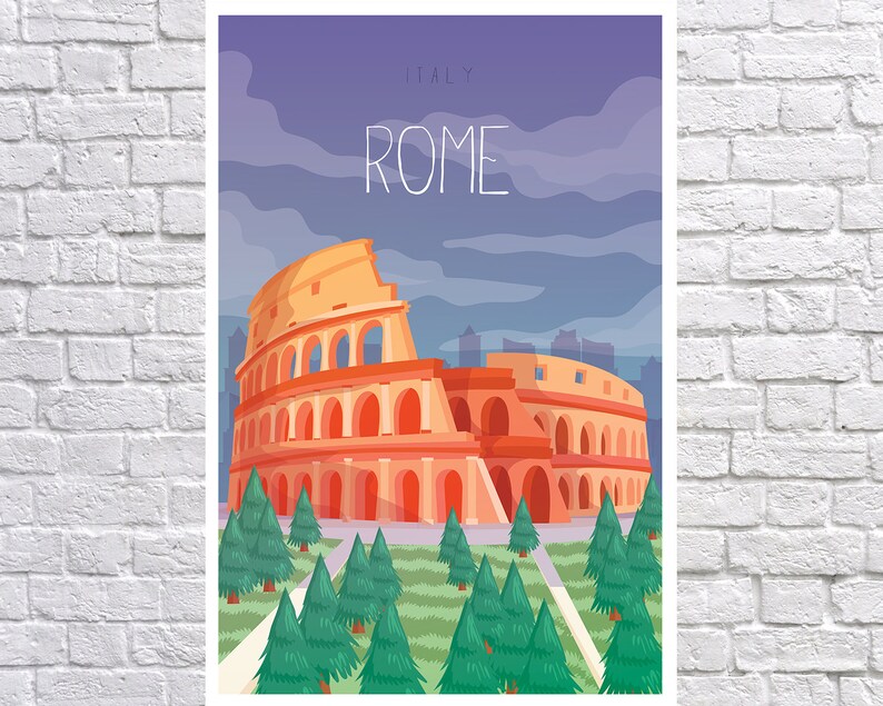 May include: A colorful illustration of the Colosseum in Rome, Italy. The image features a purple sky with white clouds, a brown and orange Colosseum, and green trees in the foreground. The text "ITALY" and "ROME" is written in white at the top of the image.