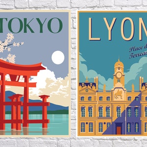 May include: Two vintage travel posters, one for Tokyo and one for Lyon. The Tokyo poster features a red torii gate in front of a blue lake with a mountain in the background. The Lyon poster features a yellow building with a clock tower and the text "Place des Terreaux".