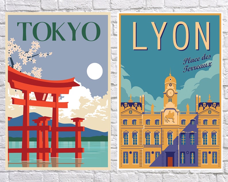 May include: Two vintage travel posters, one for Tokyo and one for Lyon. The Tokyo poster features a red torii gate in front of a blue lake with a mountain in the background. The Lyon poster features a yellow building with a clock tower and the text "Place des Terreaux".
