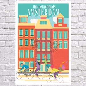 May include: A colorful illustration of a street scene in Amsterdam, The Netherlands. The illustration features three people riding bicycles in front of a row of red brick buildings with blue windows. The text "the netherlands AMSTERDAM" is at the top of the illustration.