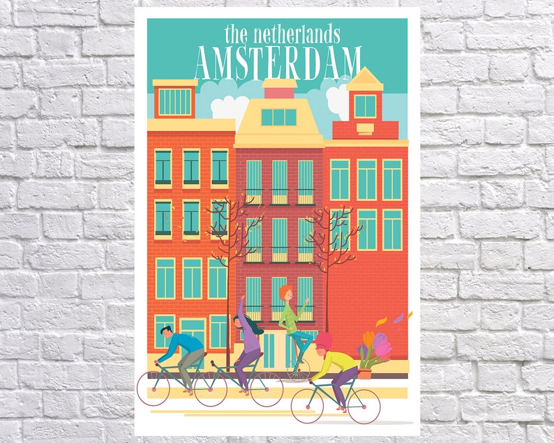 May include: A colorful illustration of a street scene in Amsterdam, The Netherlands. The illustration features three people riding bicycles in front of a row of red brick buildings with blue windows. The text "the netherlands AMSTERDAM" is at the top of the illustration.