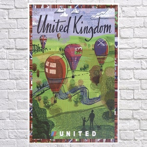 K&ouml;nnte beinhalten: Vintage Reiseplakat f&uuml;r das Vereinigte K&ouml;nigreich mit Hei&szlig;luftballons &uuml;ber einer gr&uuml;nen Landschaft. Das Plakat hat einen rot-wei&szlig;en Rand und das Wort "UNITED" am unteren Rand. Die Worte "United Kingdom" sind in einer Schreibschrift geschrieben.