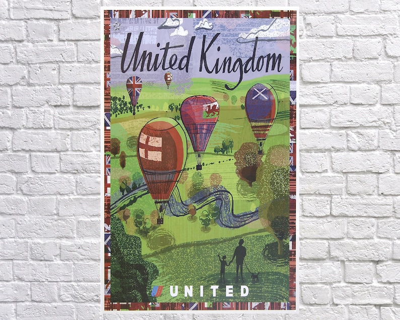 K&ouml;nnte beinhalten: Vintage Reiseplakat f&uuml;r das Vereinigte K&ouml;nigreich mit Hei&szlig;luftballons &uuml;ber einer gr&uuml;nen Landschaft. Das Plakat hat einen rot-wei&szlig;en Rand und das Wort "UNITED" am unteren Rand. Die Worte "United Kingdom" sind in einer Schreibschrift geschrieben.