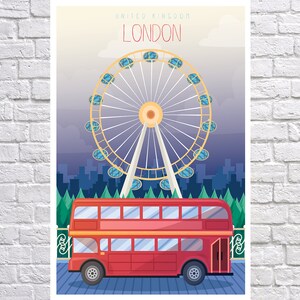 May include: A red double-decker bus with a yellow London Eye Ferris wheel in the background. The bus has a white roof and windows. The text "UNITED KINGDOM LONDON" is at the top of the image.