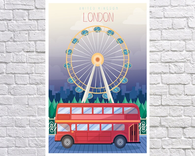 May include: A red double-decker bus with a yellow London Eye Ferris wheel in the background. The bus has a white roof and windows. The text "UNITED KINGDOM LONDON" is at the top of the image.