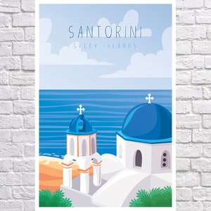 May include: A colorful illustration of a white church with a blue dome and a cross on top. The church is located on a cliff overlooking the blue ocean. The text "SANTORINI GREEK ISLANDS" is at the top of the image.