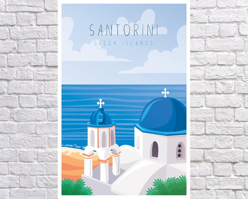 May include: A colorful illustration of a white church with a blue dome and a cross on top. The church is located on a cliff overlooking the blue ocean. The text "SANTORINI GREEK ISLANDS" is at the top of the image.