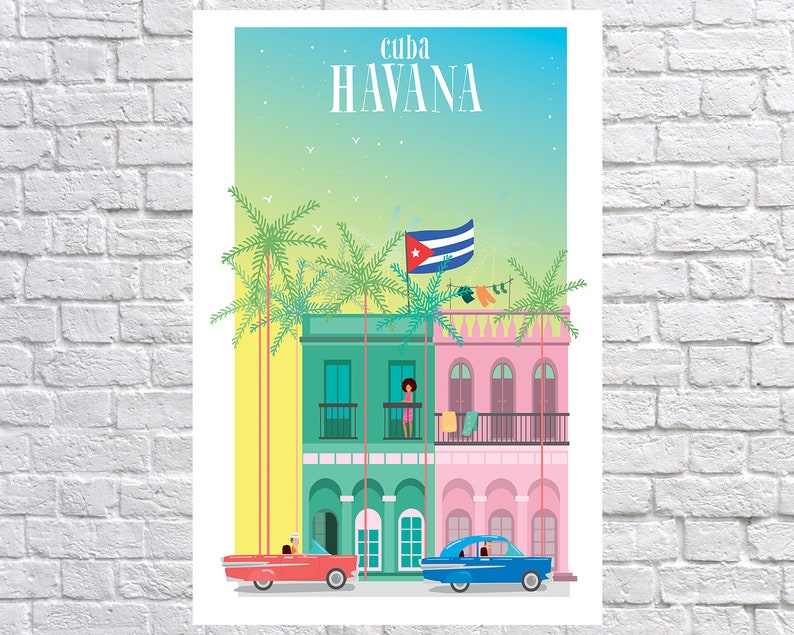 May include: A colorful illustration of a building in Havana, Cuba. The building has a green and pink facade with balconies and palm trees in front. The Cuban flag is flying from the top of the building. Two vintage cars are parked in front of the building.