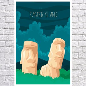 May include: A colorful illustration of two Easter Island moai statues against a dark blue background with green foliage. The text "CHILE EASTER ISLAND" is at the top of the image.