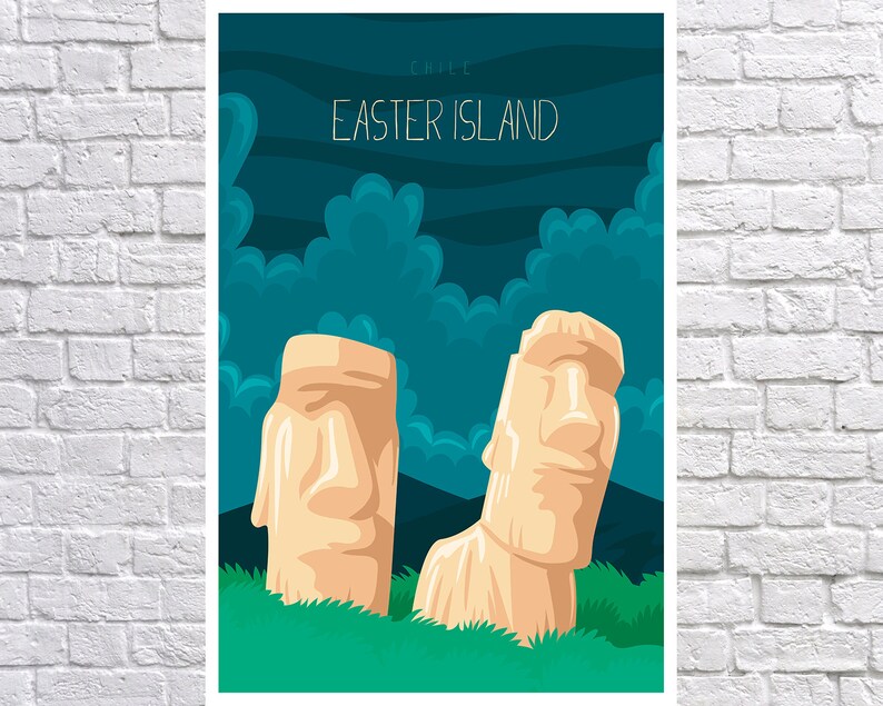 May include: A colorful illustration of two Easter Island moai statues against a dark blue background with green foliage. The text "CHILE EASTER ISLAND" is at the top of the image.