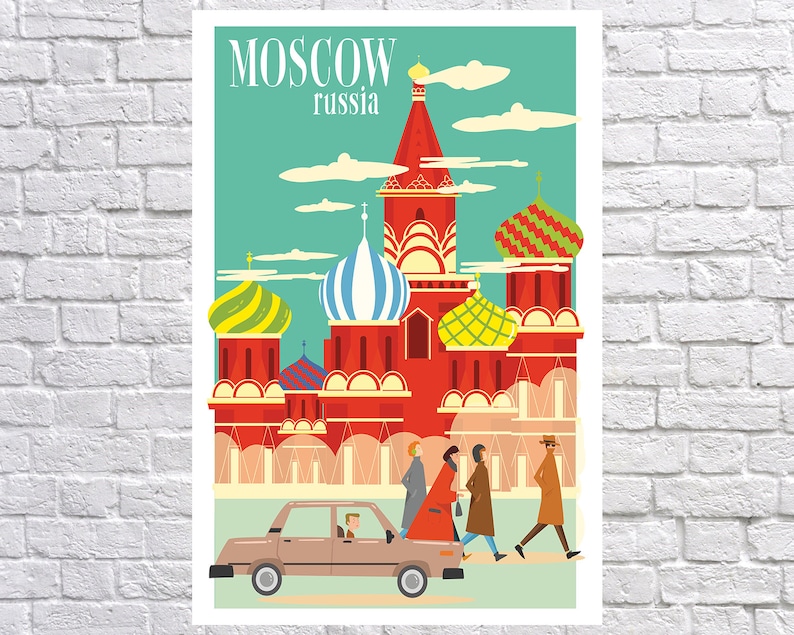 May include: A vintage travel poster featuring a stylized illustration of St. Basil's Cathedral in Moscow, Russia. The poster has a teal background with white clouds and the text "MOSCOW russia" in bold, black letters.