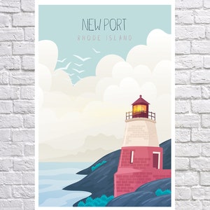 May include: A vintage travel poster design featuring a red brick lighthouse with a yellow light on a rocky coastline. The poster has a blue sky with white clouds and the text "NEWPORT RHODE ISLAND".