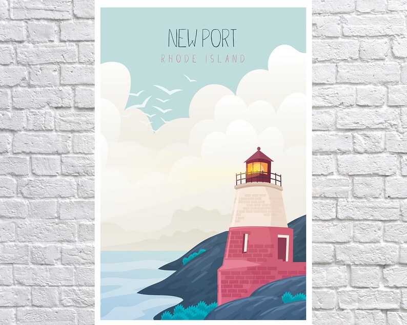 May include: A vintage travel poster design featuring a red brick lighthouse with a yellow light on a rocky coastline. The poster has a blue sky with white clouds and the text "NEWPORT RHODE ISLAND".