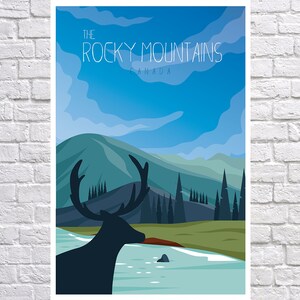 May include: A vintage travel poster design featuring a silhouette of a deer in front of a blue sky, mountains, and a river. The text reads "The Rocky Mountains, Canada".