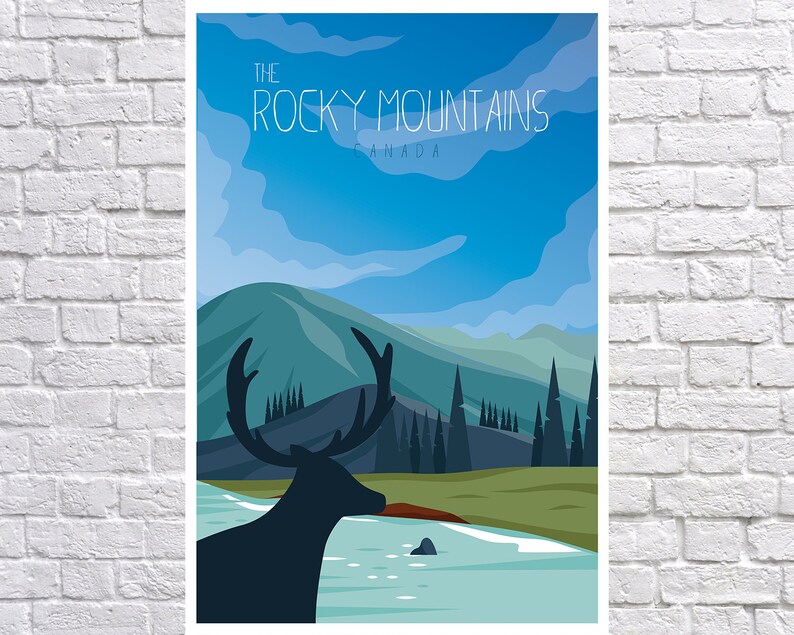 May include: A vintage travel poster design featuring a silhouette of a deer in front of a blue sky, mountains, and a river. The text reads "The Rocky Mountains, Canada".