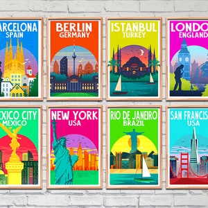 Bright Travel Posters, poster set, art download, Digital prints, Printable art, Colourful art prints, printable travel posters image 1