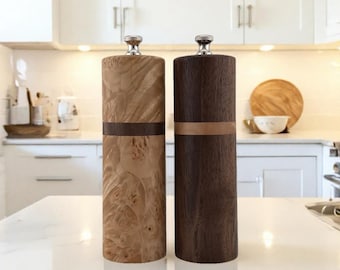 Salt and Pepper Mill Set - Maple Burl and Claro Walnut 6”