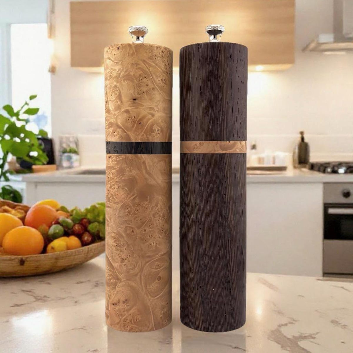 Salt and Pepper Mill Set - Maple Burl and Wenge 8”