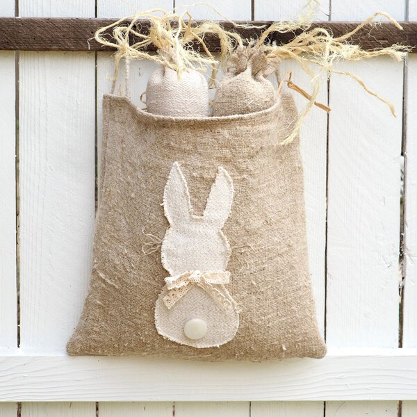 Neutral Rabbit Vintage Grain Sack Hanging Pocket Pouch, Easter Farmhouse Decor