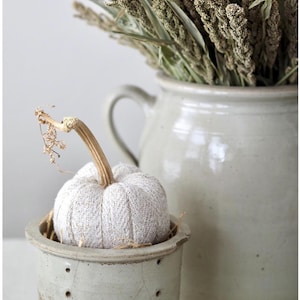 May include: A fabric pumpkin with a textured light grey weave and a dried brown stem, nestled inside a small, light grey ceramic crock with visible cracks, positioned in front of a larger matching ceramic pitcher filled with dried green grasses.