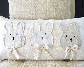 Handmade Bunny Rabbit Vintage Grain Sack Pillow