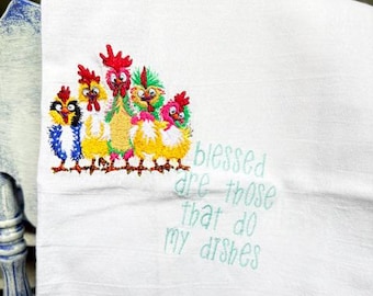 Funny Chicken Embroidery Tea Towel