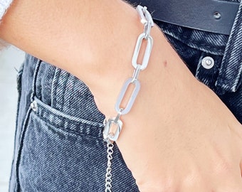 Bracelet trombone argenté, bracelet chaîne audacieux argenté, chaîne à maillons pour femme en acier recyclé, bracelet trombone dense, chaîne de bracelet tendance