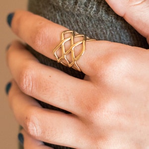 Wide hollow ring, shapped gold ring, band hammered ring, gold chunky band ring, tube ring, cuff ring, golden thick brass ring, hollow ring.