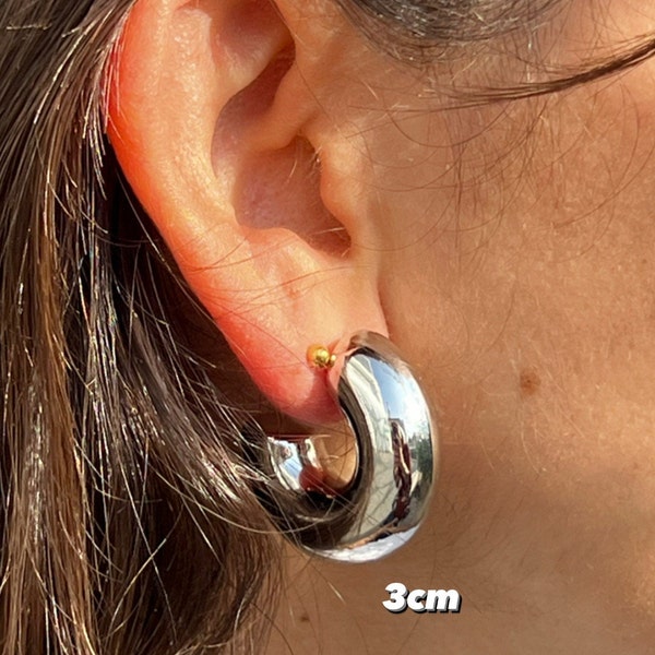 Boucles d'oreilles épaisses, créoles en argent, grosses boucles d'oreilles en plaqué argent, boucle d'oreille tube en argent, boucles d'oreilles articulées