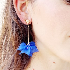 Blue night flower petal earrings, dangle earrings, lightweight flower petal drop earrings, golden flower petal earrings. image 7