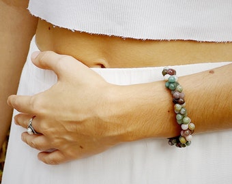 Bracelet de perles YING YANG, bracelet d'agate indienne, bracelet de pierres précieuses naturelles, bracelet talisman, bracelet de perles extensibles de pierres précieuses