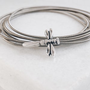 Stainless steel mini bracelets with charm, multiple thin steel bracelets with dragonfly, multiple flexible bracelets, guitar string bracelet