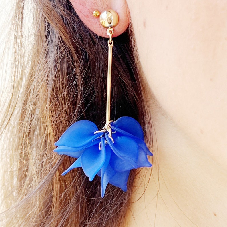 Blue night flower petal earrings, dangle earrings, lightweight flower petal drop earrings, golden flower petal earrings. image 1