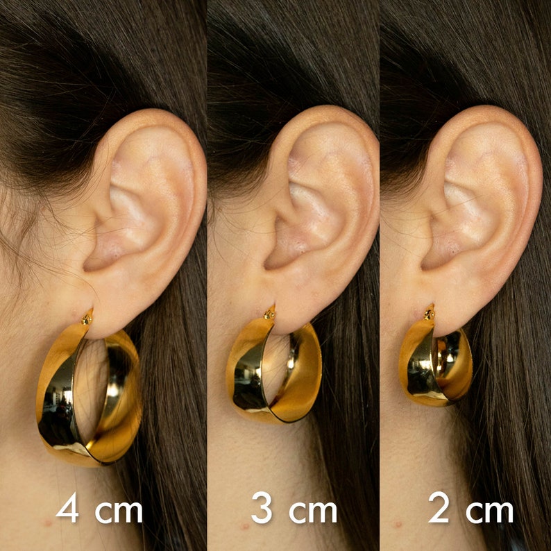 Wide hoop earrings, chunky creole earrings, bottega style earrings, huggie gold earrings, medium size, flat hoop earrings. image 9