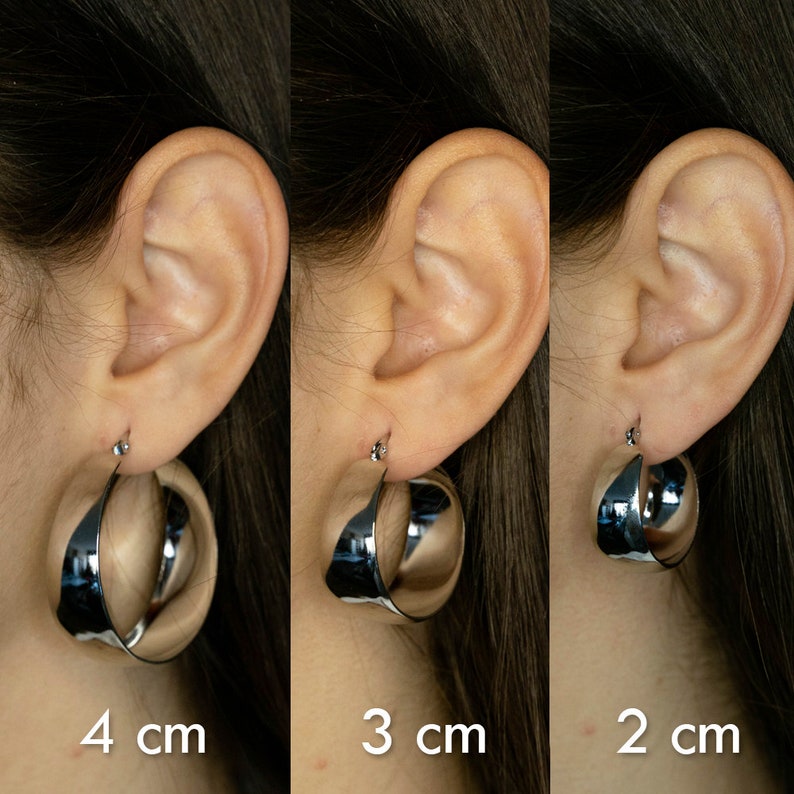 Wide hoop earrings, chunky creole earrings, large silver earrings, large hoops, medium size, huggie earrings, flat hoop earrings 画像 9