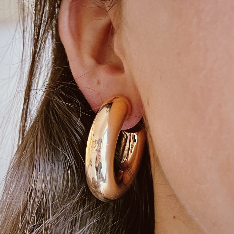 Thick gold hoop earrings. Super chunky gold hoop earrings. Tube Gold Hoop earrings, golden plated earrings, Thick Lightweight Gold Hoop