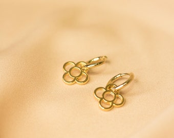 Dainty gold huggie hoop earrings, flower shaped hoop earrings, Gold filled huggie hoop earrings, CZ dangling charm of Barcelona flower