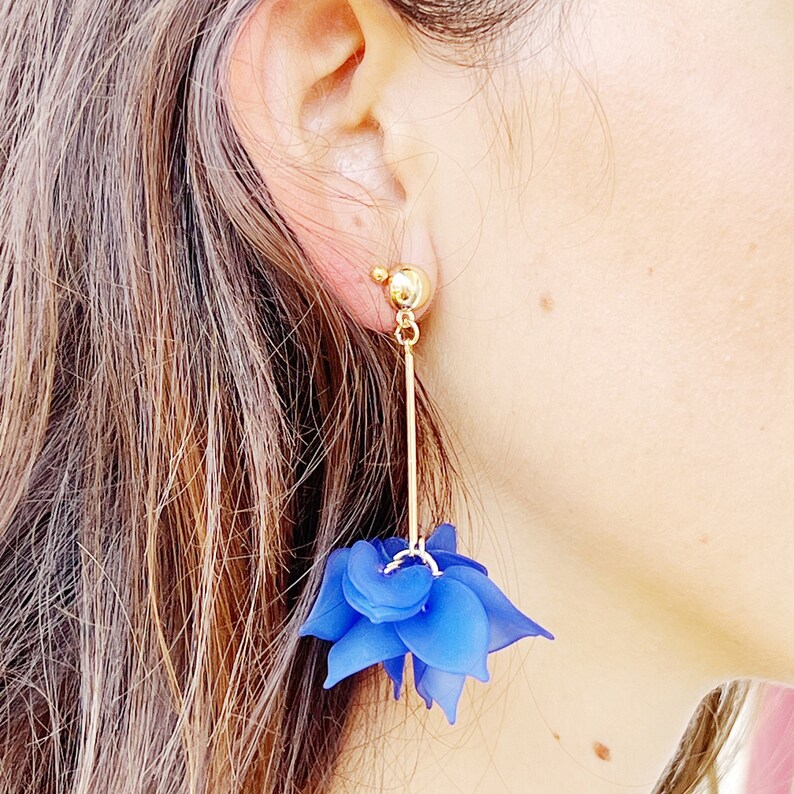 Blue night flower petal earrings, dangle earrings, lightweight flower petal drop earrings, golden flower petal earrings. image 9